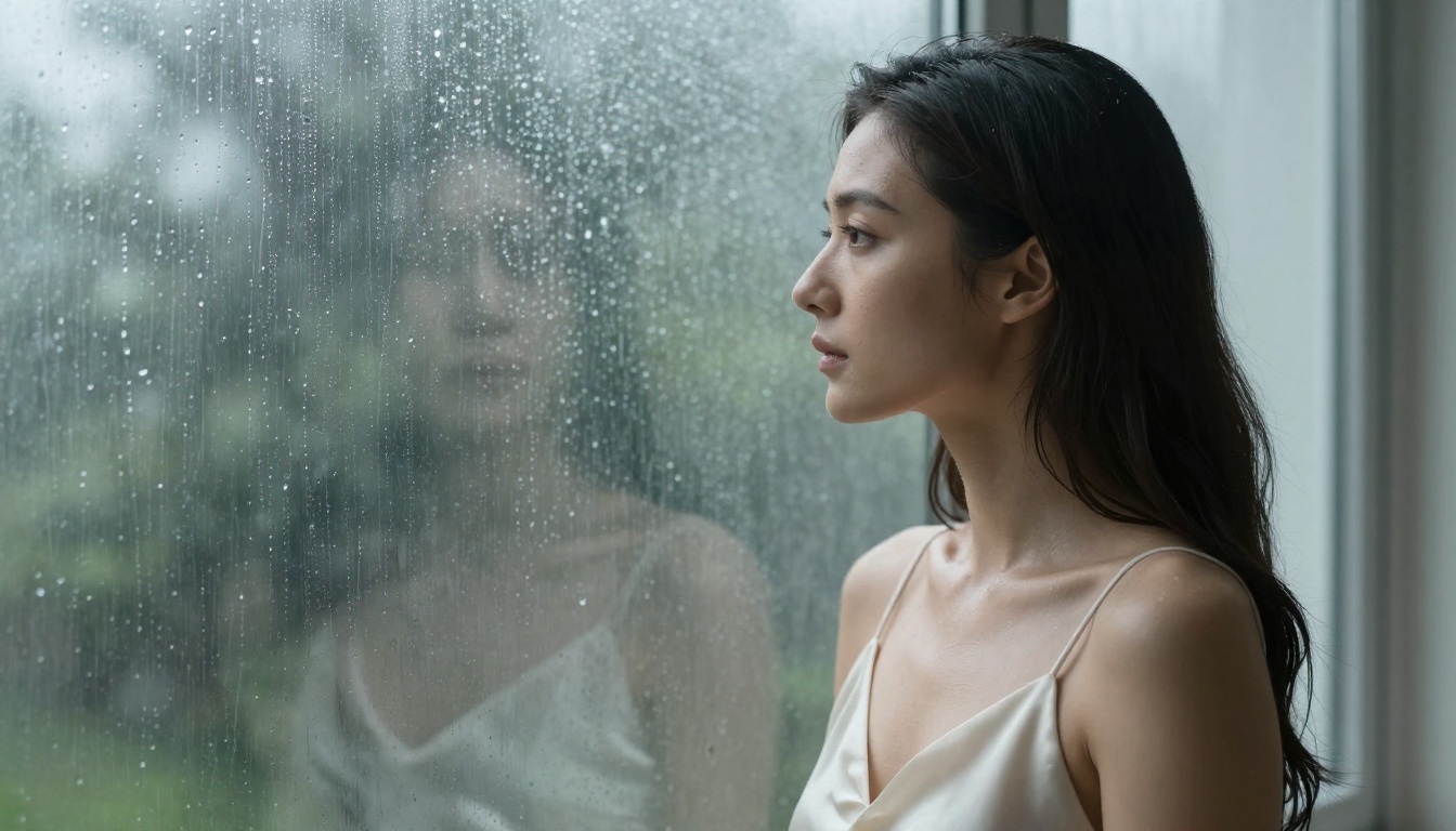Side profile portrait with rain-streaked window, photorealistic