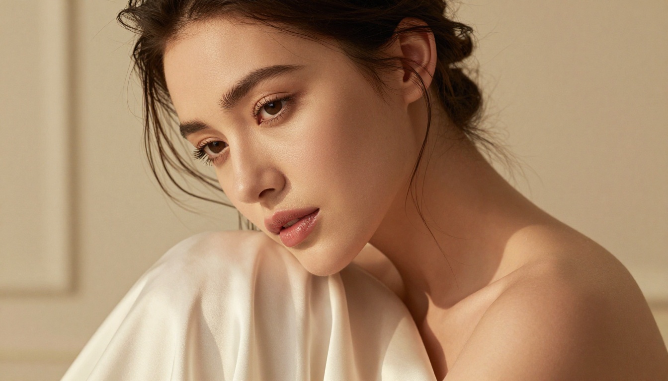 Intimate studio portrait of a woman draped in ivory silk sheets, soft diffused window lighting