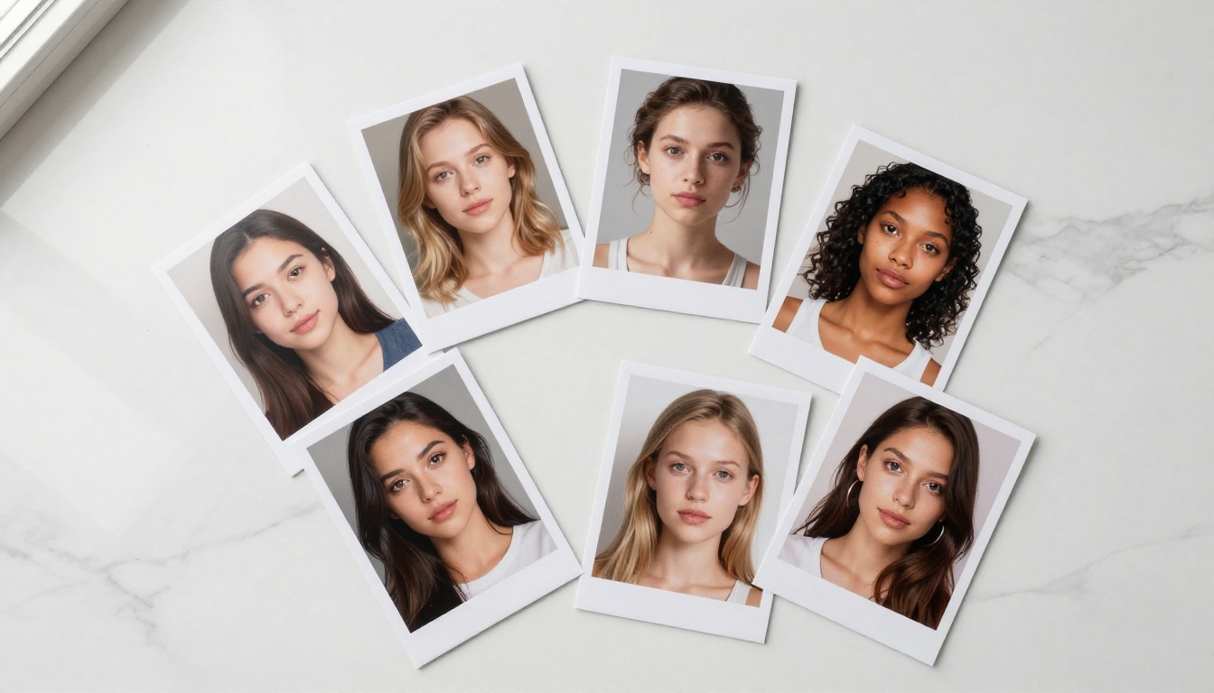 Collection of AI-generated portrait photographs displayed as flat lay