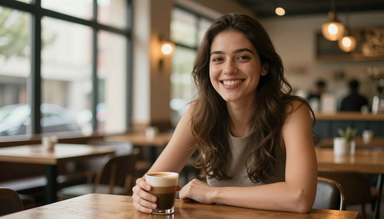 Smiling woman at coffee shop, warm natural light, lifestyle portrait