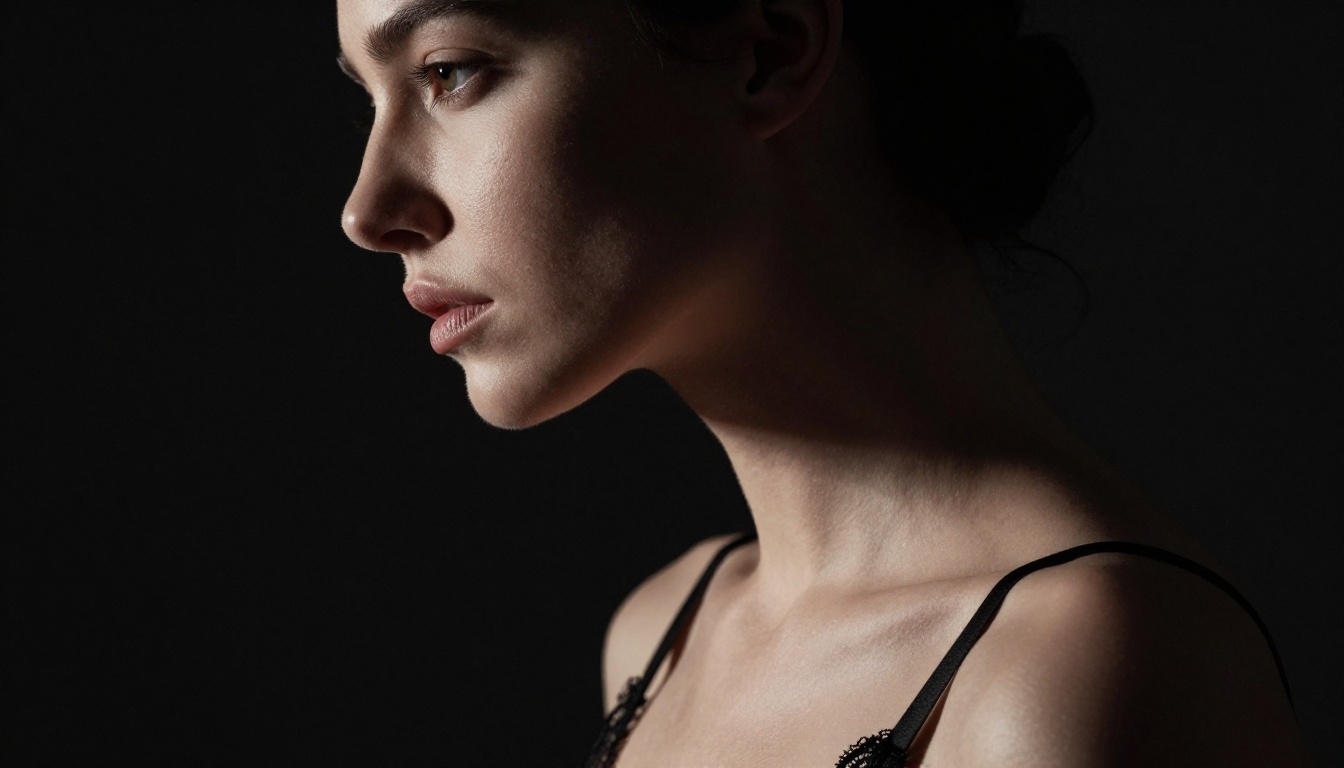 Dramatic film noir side-profile portrait, woman in black lace bralette, bold chiaroscuro lighting