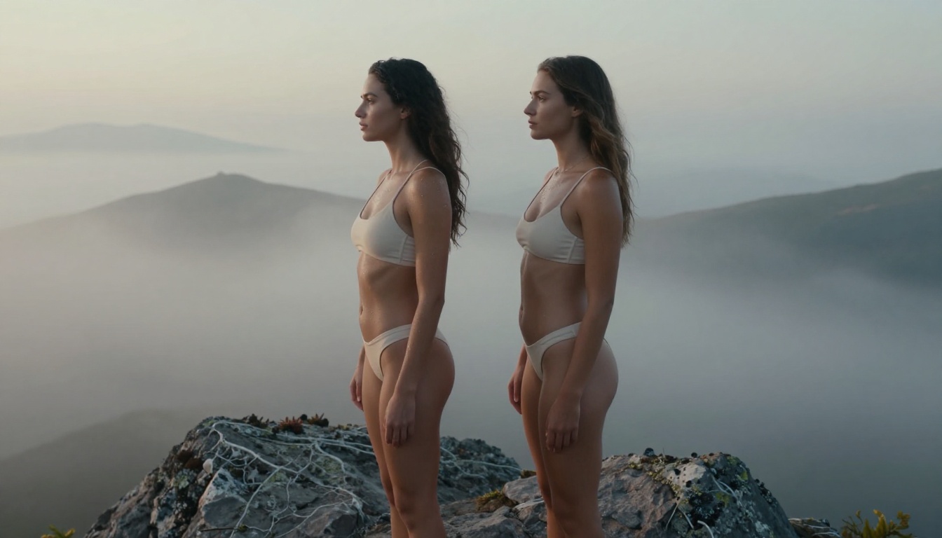 Two beautiful women in cream bikinis standing back-to-back on a misty mountain peak at dawn
