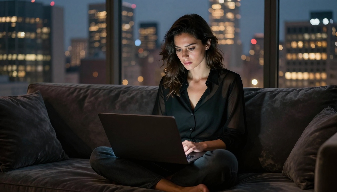 A writer cross-legged on a velvet sofa at night, city skyline through floor-to-ceiling windows