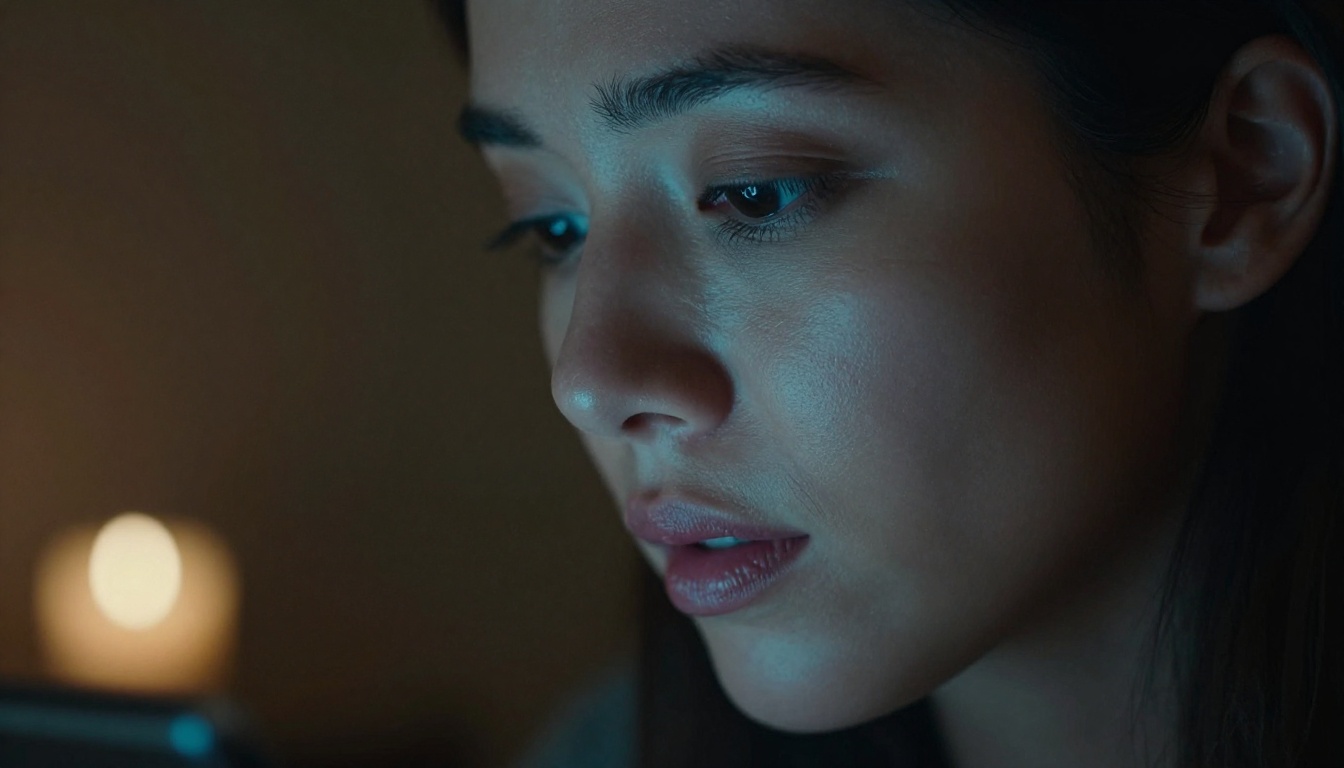 A woman focused on a glowing screen, reading intensely in the dark