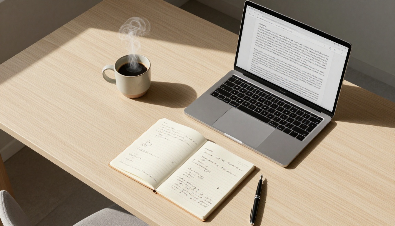 An overhead view of a writer's desk with a laptop, notes, and coffee in morning light