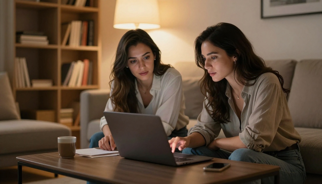 Two women sharing a moment over a laptop screen in warm evening light