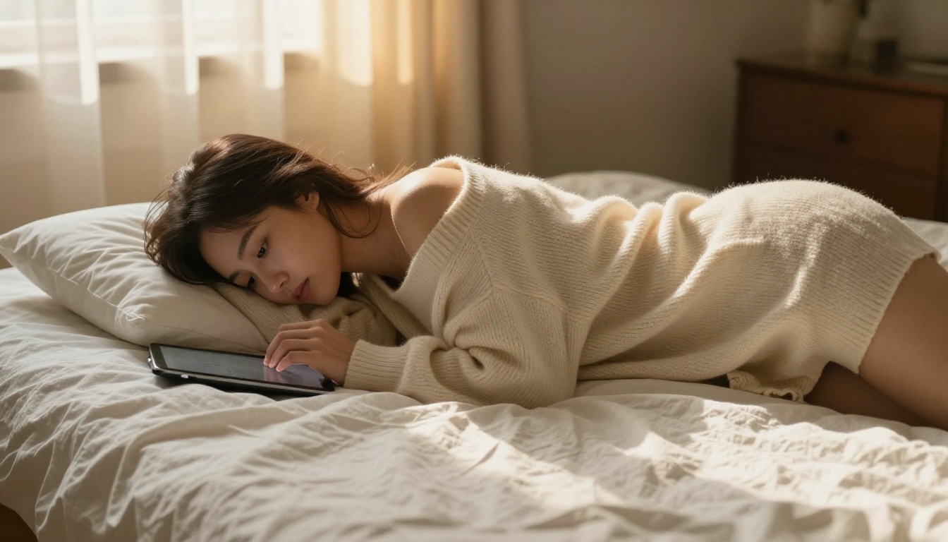 A woman lying on a bed reading her tablet in warm afternoon light