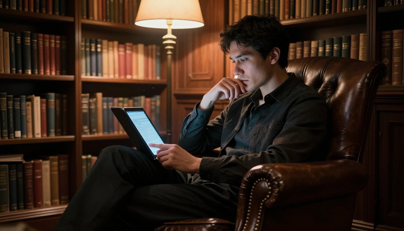 A man reading intensely in a leather armchair inside a private library