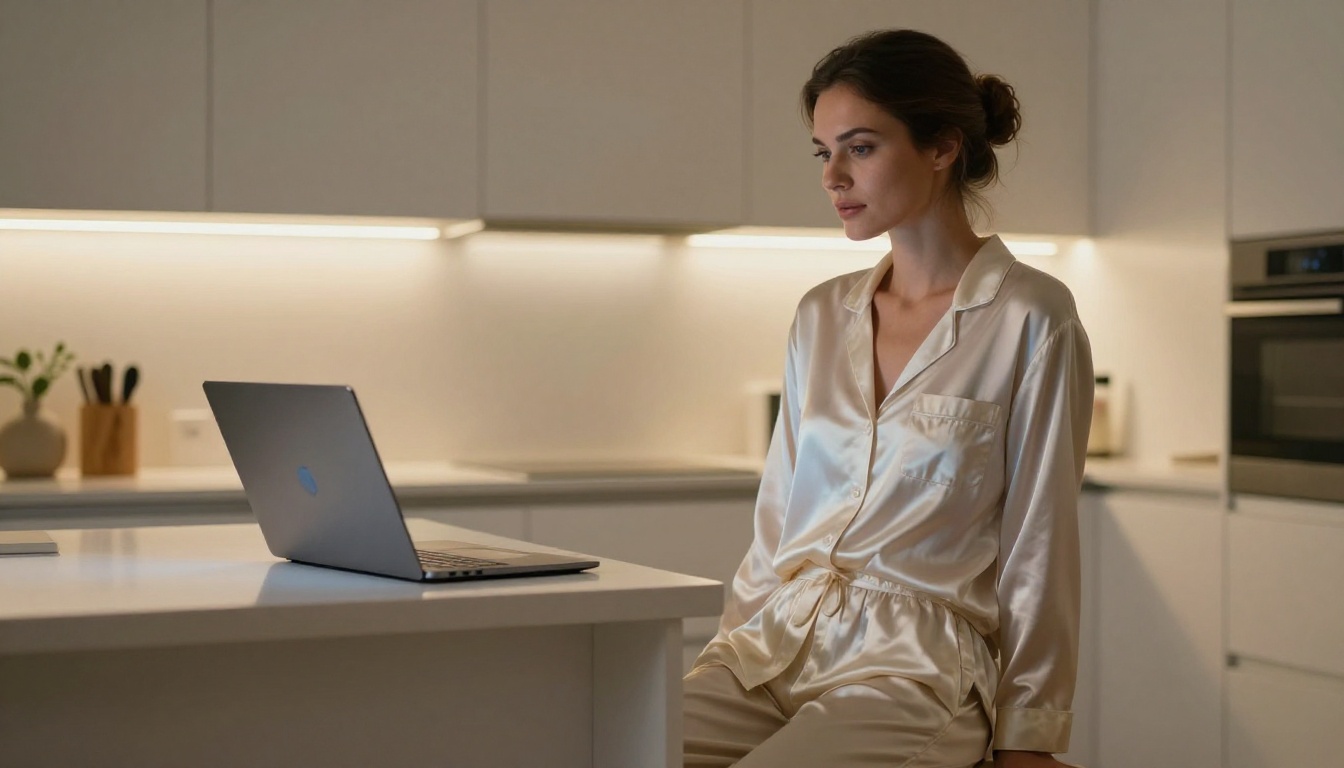 A woman writing at a laptop late at night in a warmly lit modern kitchen