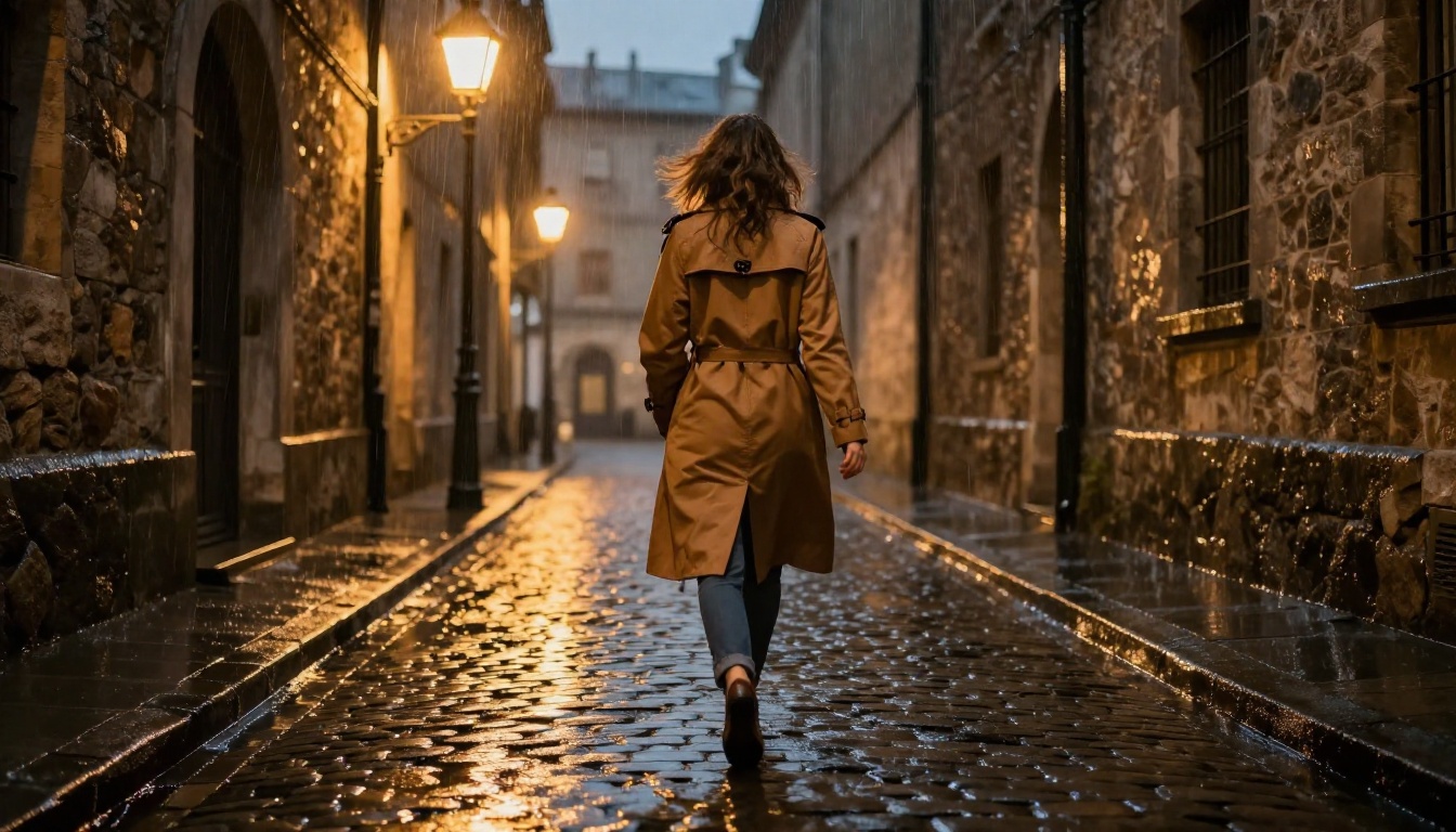 A woman in a trench coat walking down a rain-soaked cobblestone alley at night