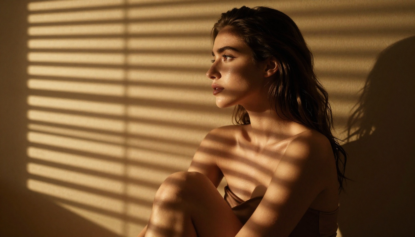 Artistic glamour portrait with dramatic venetian blind shadow stripes across the face and bare shoulders