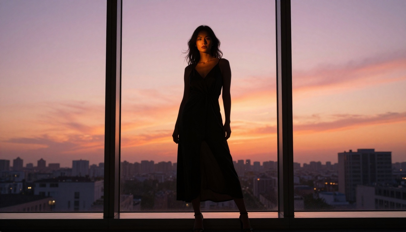 Artistic silhouette of a woman against a sunset city skyline through floor-to-ceiling windows