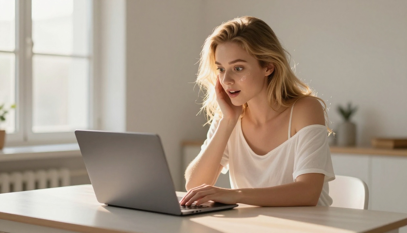 Young woman discovering an AI image generator on her laptop