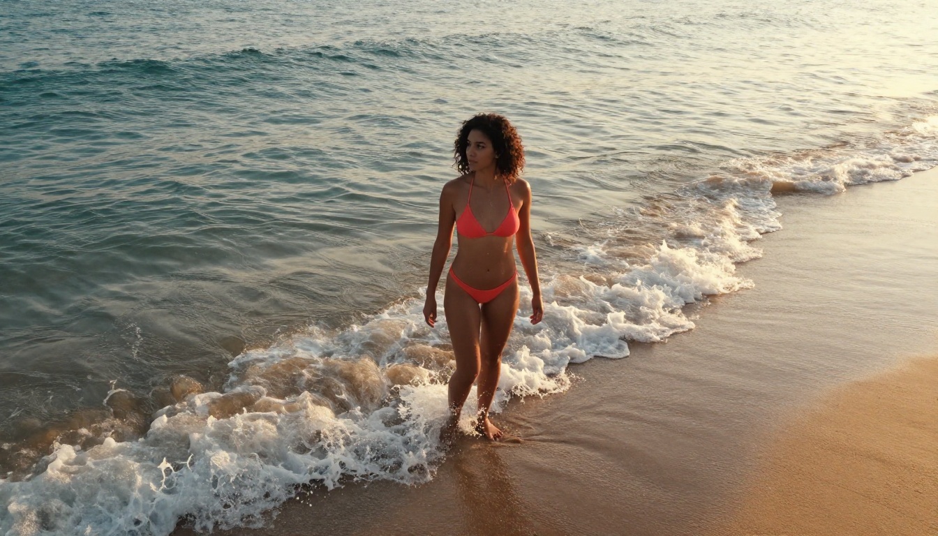 Athletic woman at beach sunset, aerial perspective