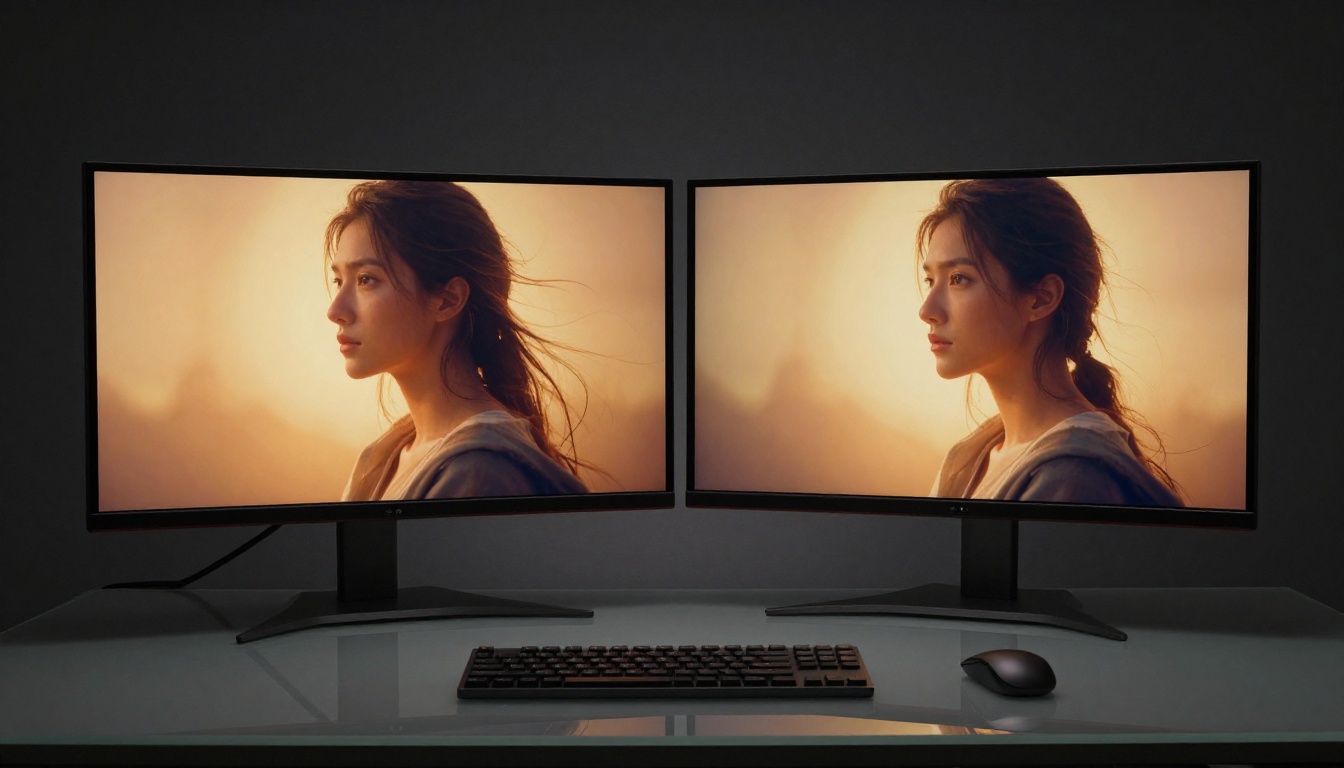 Dual monitor setup displaying AI-generated art