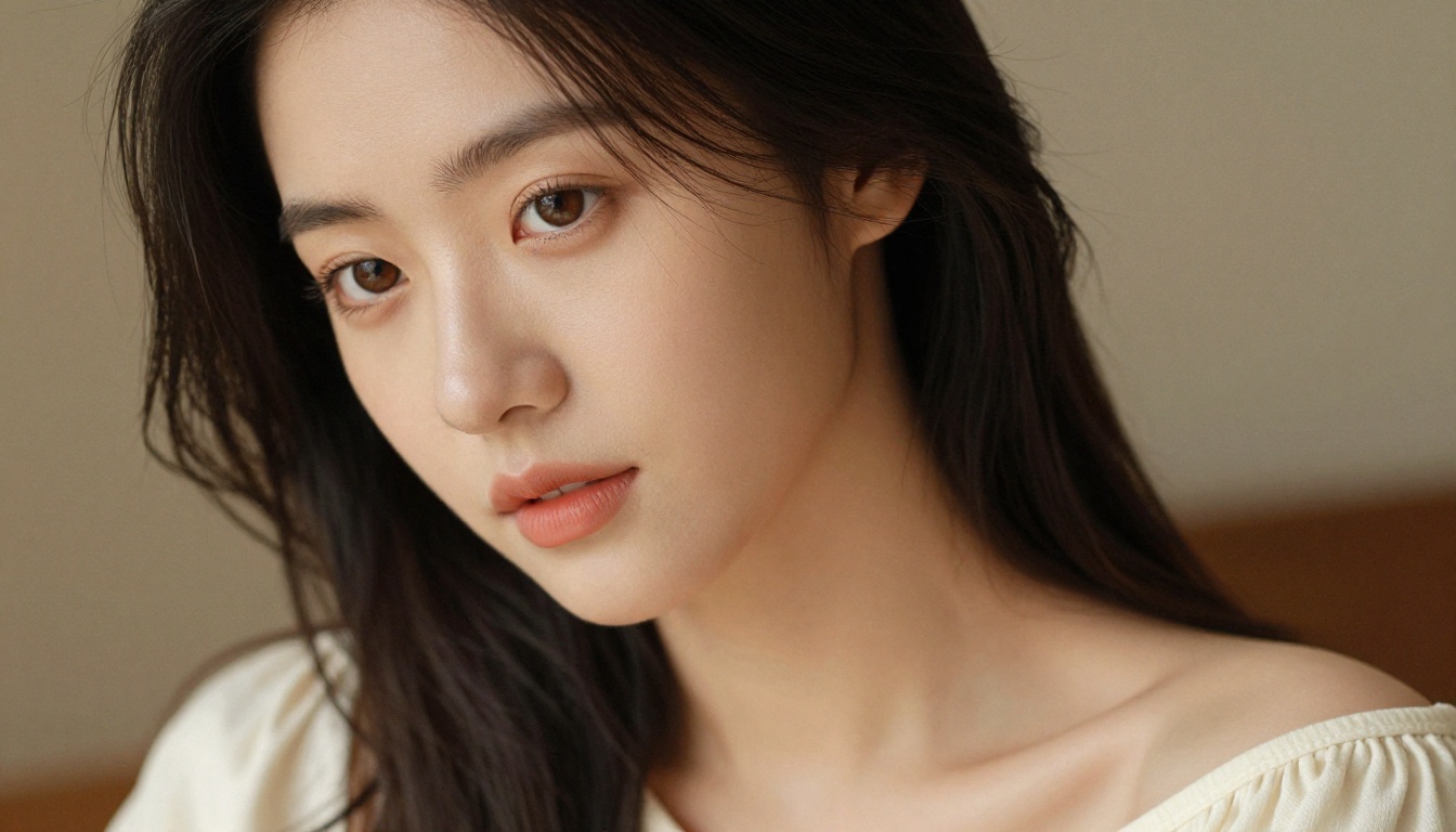Beautiful woman close-up portrait with professional studio lighting, natural skin texture visible
