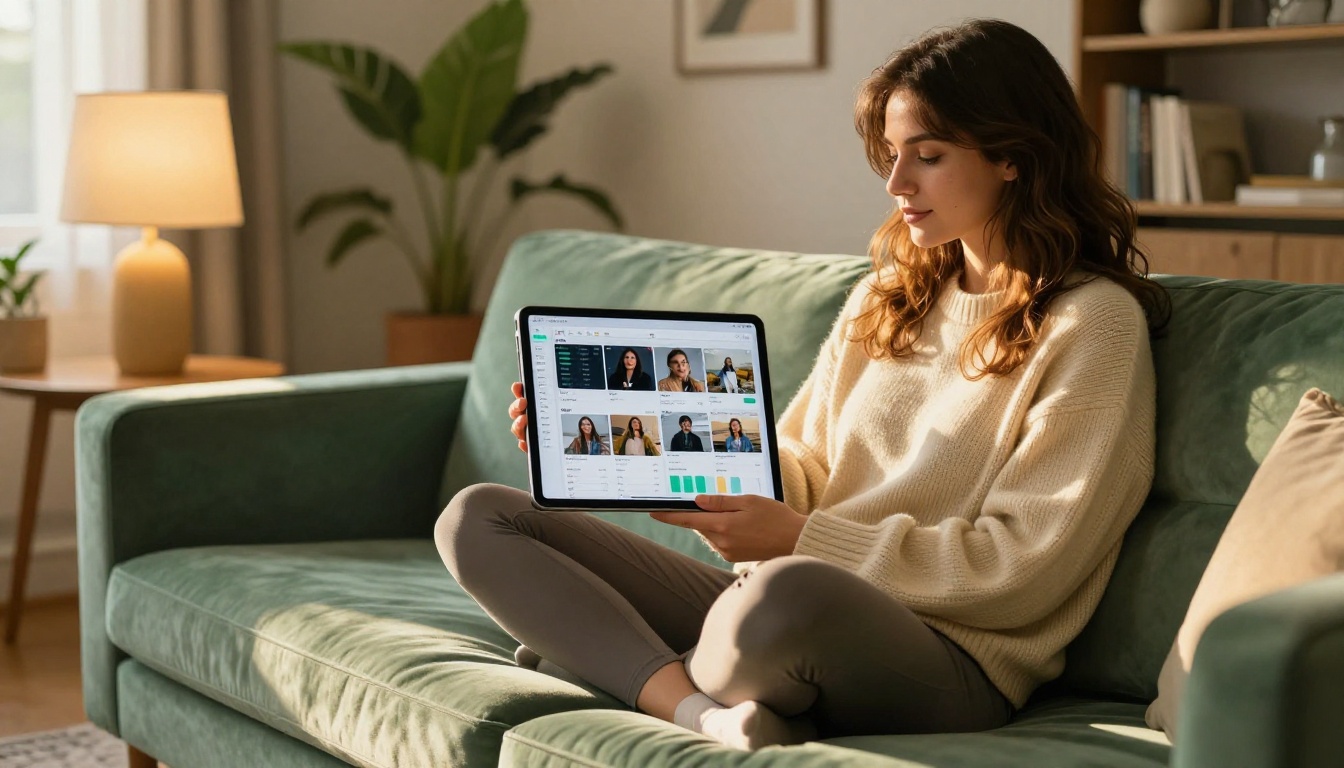 Content creator reviewing model options on velvet couch
