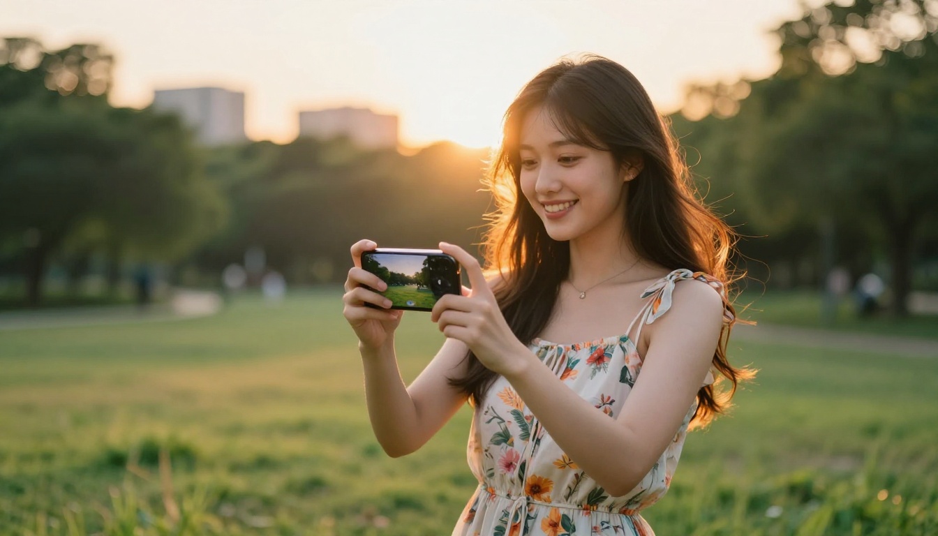 Woman at golden hour holding phone with AI video playing