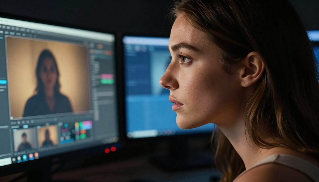 Side profile illuminated by dual monitor screens