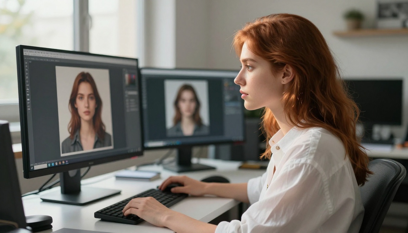 AI creator reviewing generated outputs at desk AI creator reviewing generated outputs at desk