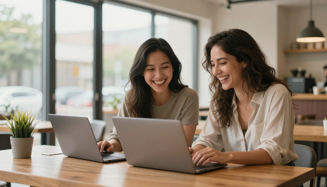 Two women laughing at a laptop in a bright modern coffee shop