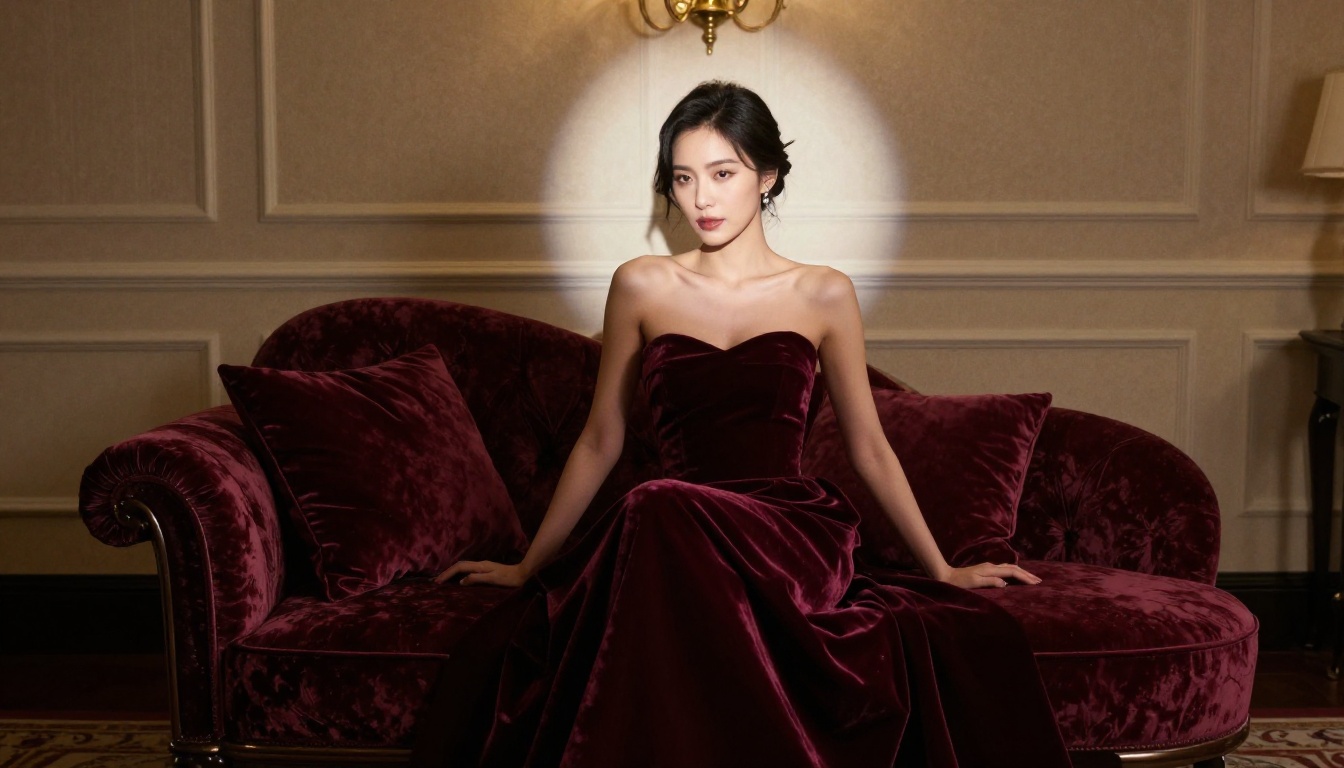Elegant woman in burgundy strapless gown, Rembrandt lighting, hotel suite