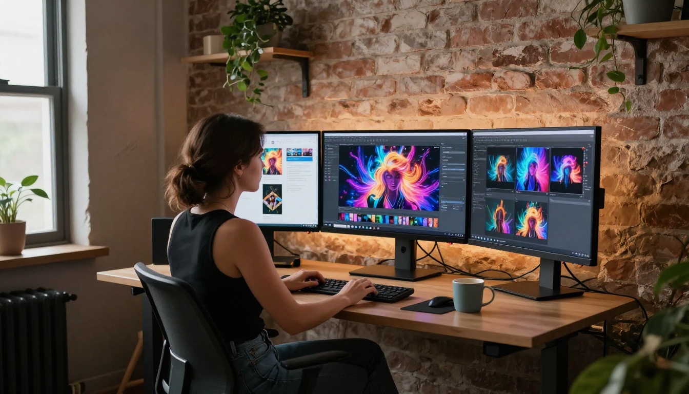 Woman at home studio desk with multiple AI image generation screens