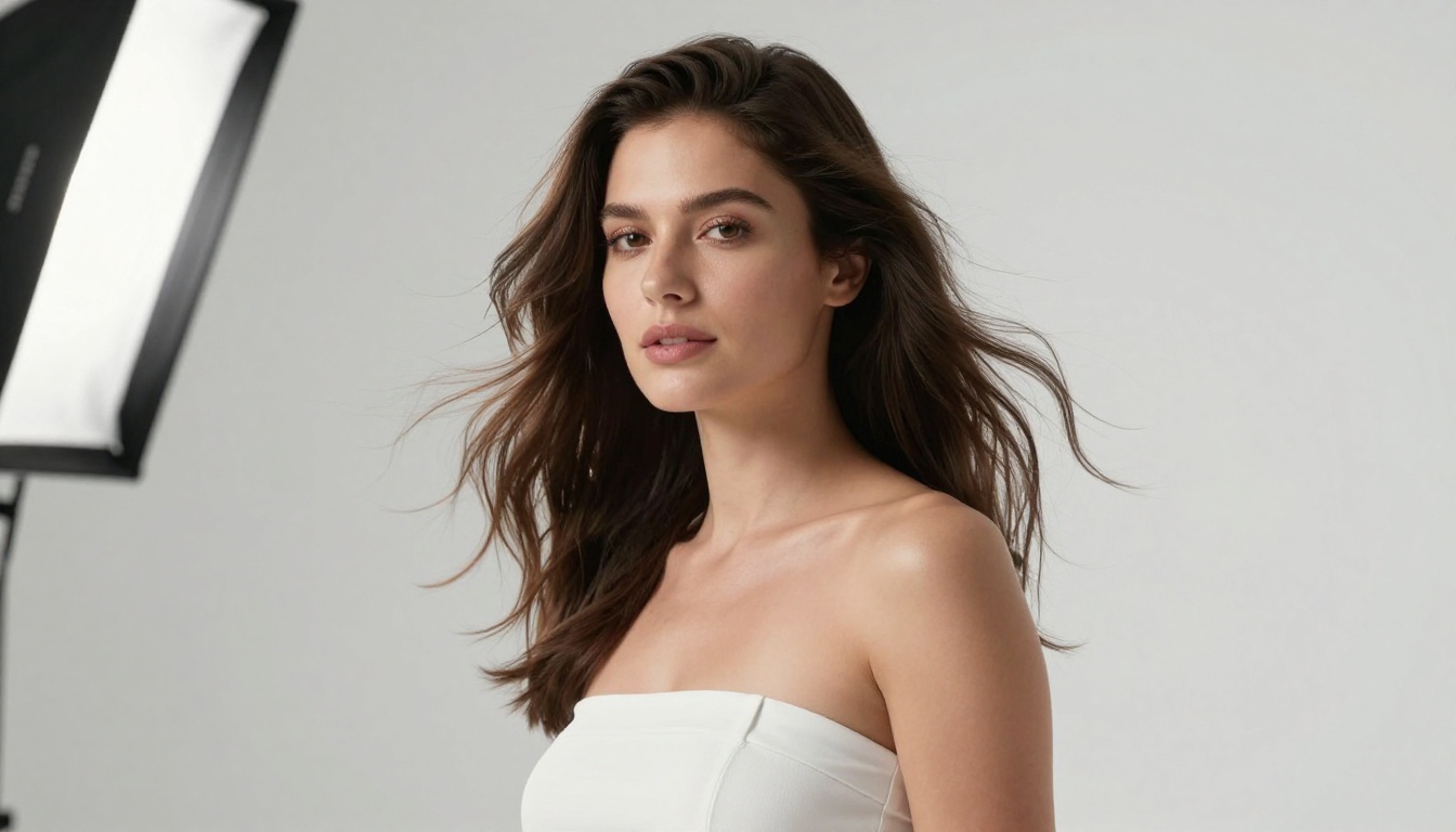 Studio fashion portrait with professional three-point lighting setup
