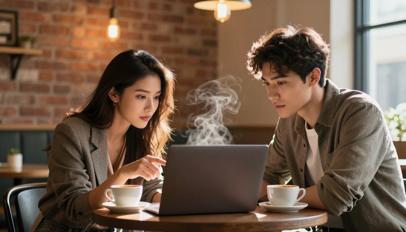 Two people collaborating with laptop in warm cafe setting