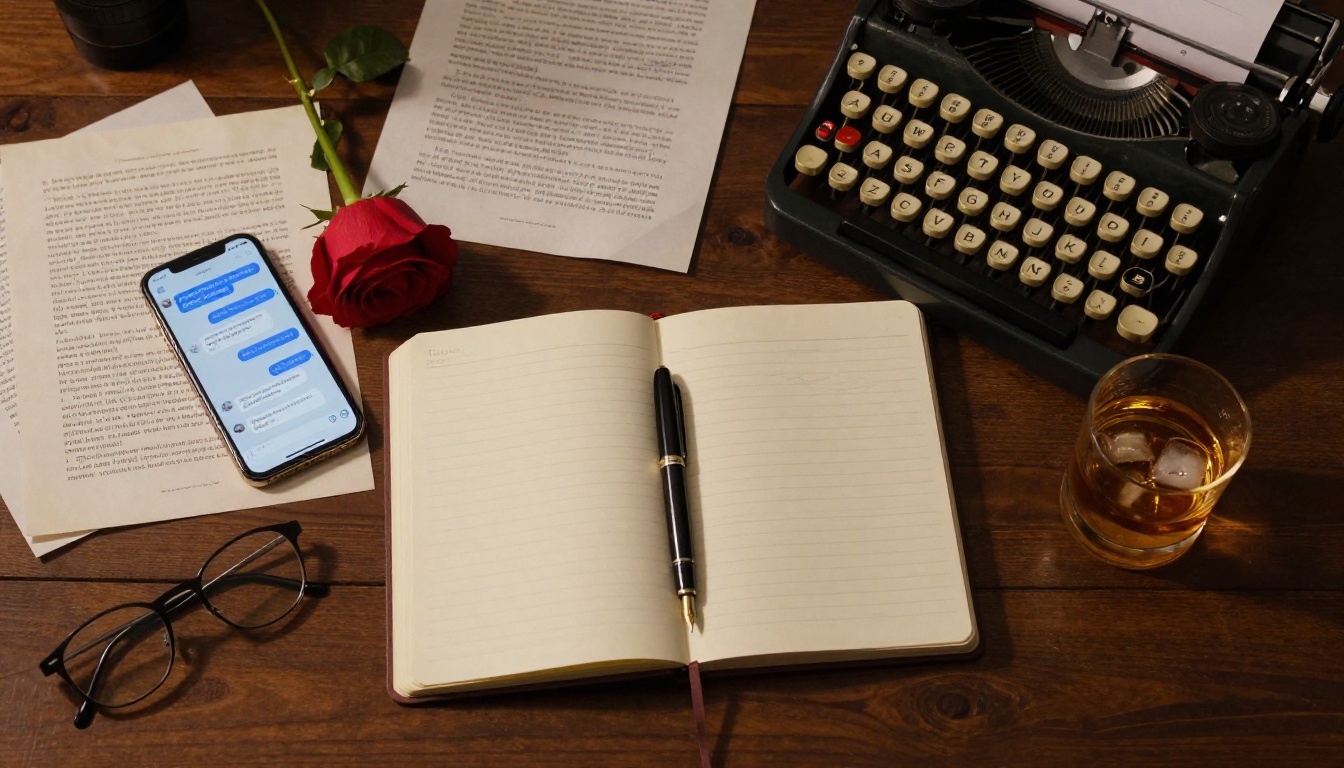 Overhead flat-lay writing workspace with typewriter, notebook and AI chat