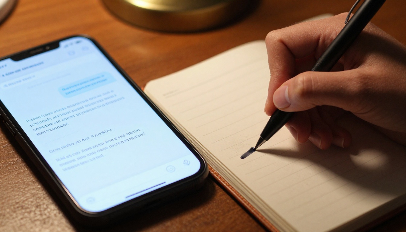 Split image showing AI chat on smartphone beside hand writing in leather journal
