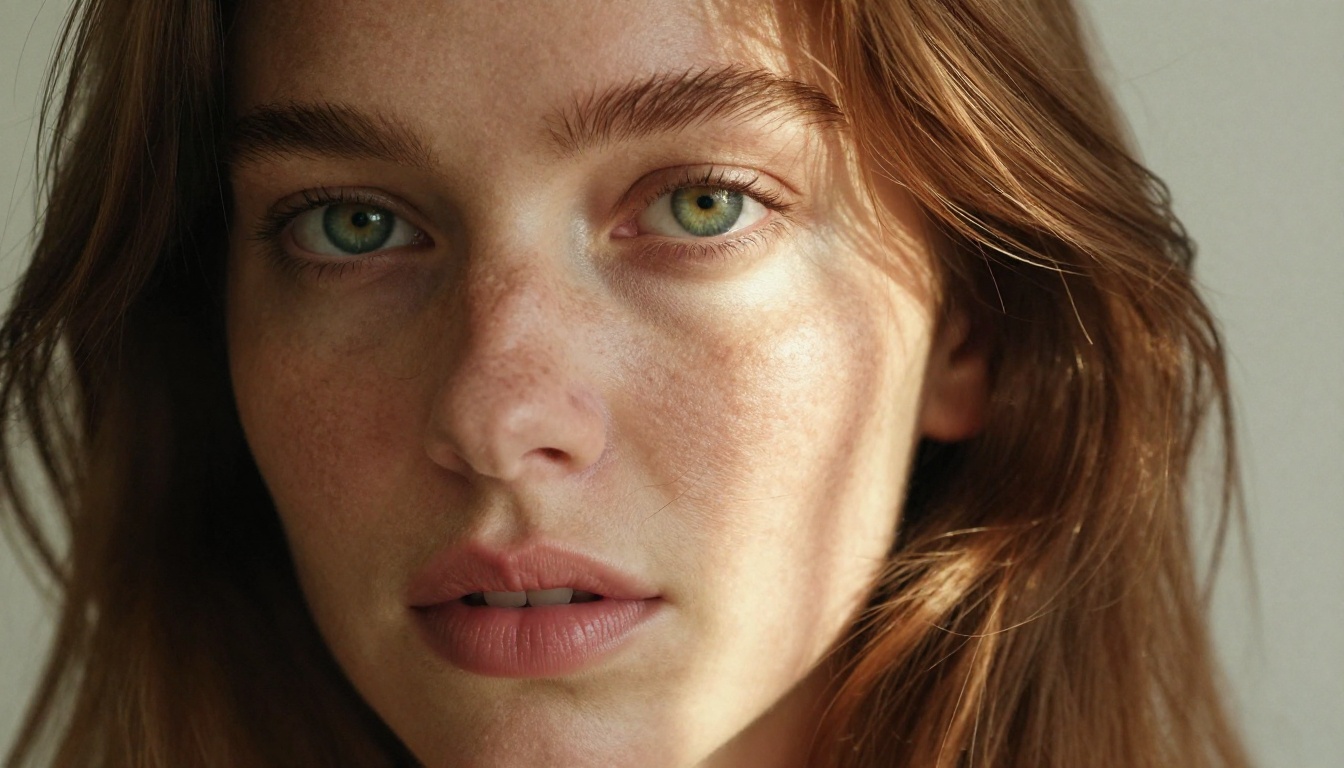 Close-up beauty portrait with natural freckles and green eyes