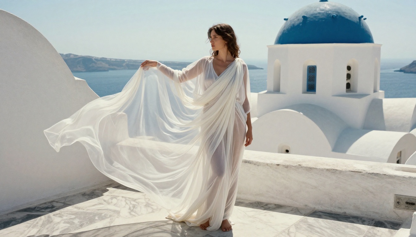 Artistic classical portrait in sheer white fabric, Santorini marble courtyard