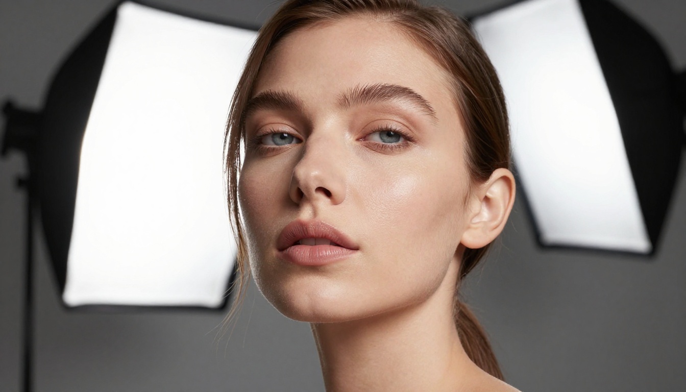 Studio beauty portrait with precise clamshell softbox lighting