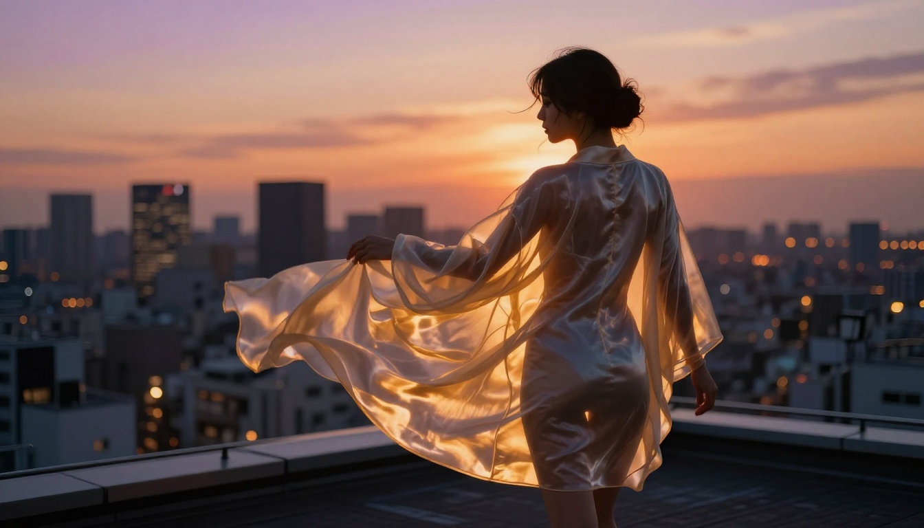 Woman in sheer silk kimono on Tokyo rooftop at sunset, backlit by golden light
