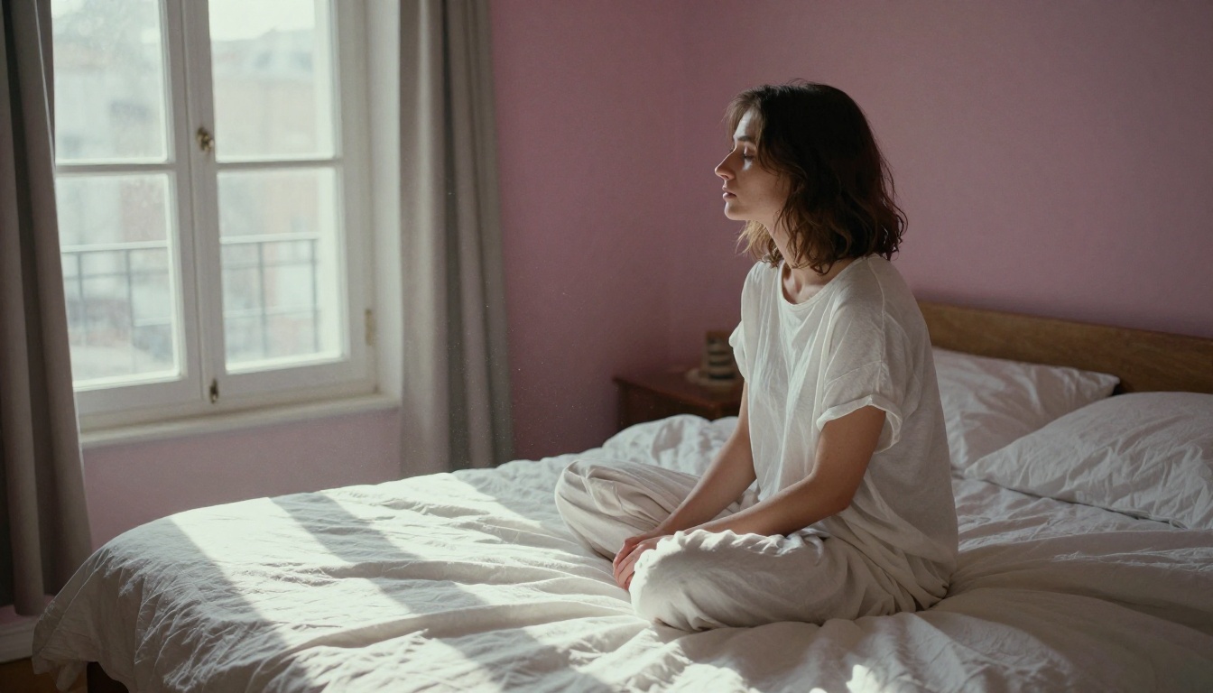Woman in white cotton shirt, side-profile in morning light by French windows