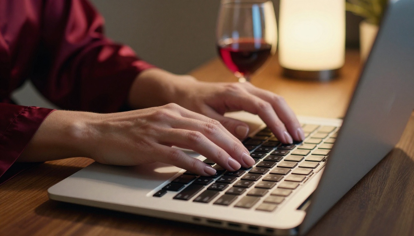 Close-up of elegant hands on laptop keyboard with wine glass in background
