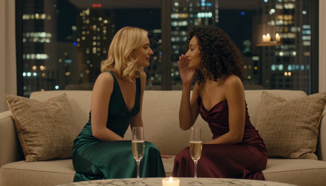 Two elegant women sharing a secret at a penthouse gathering