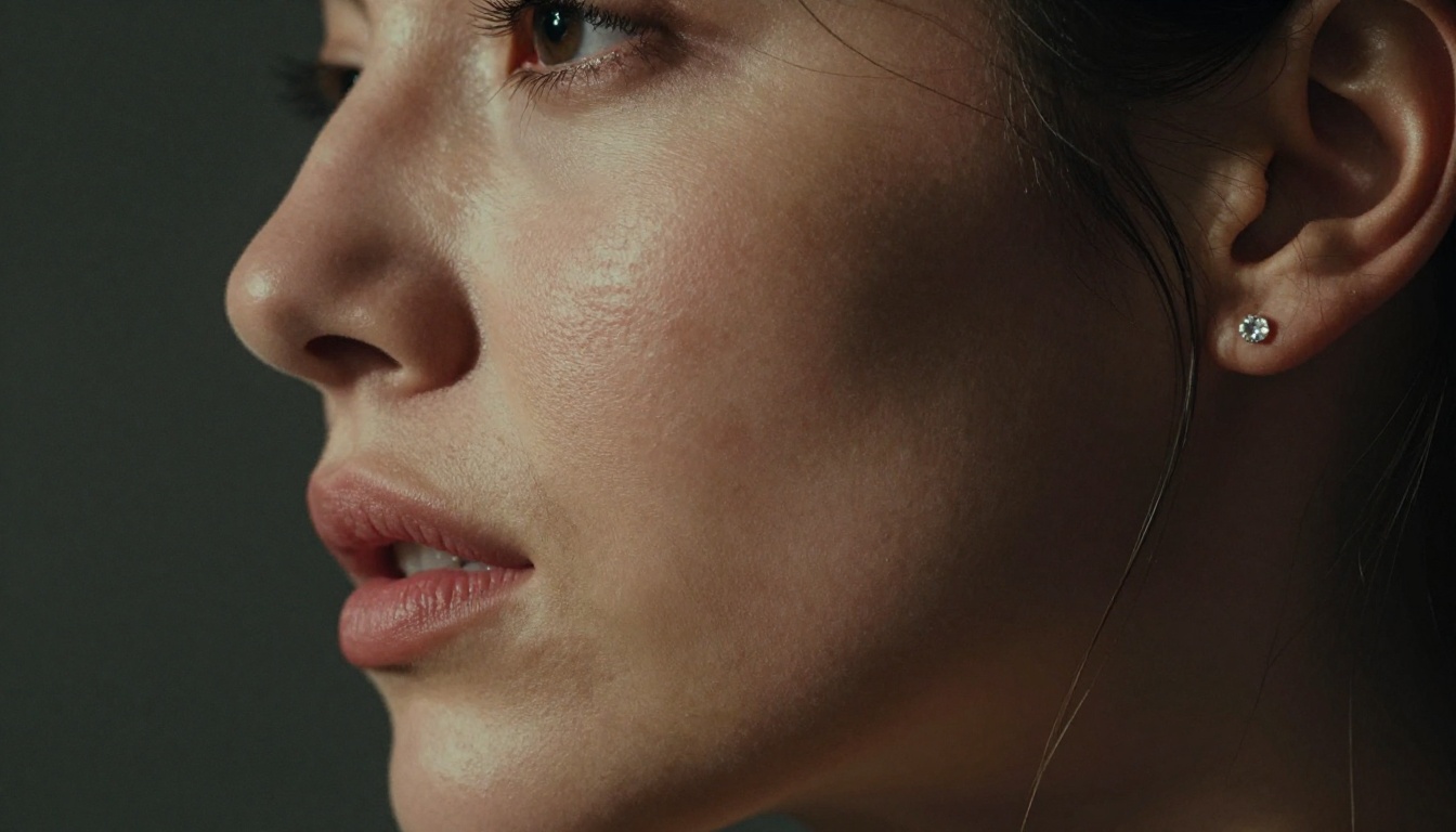 Close-up profile portrait of beautiful woman with dramatic Rembrandt lighting