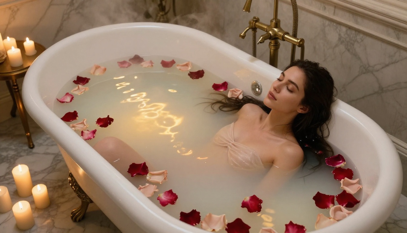 Aerial view of woman in bathtub with rose petals and candles in marble bathroom