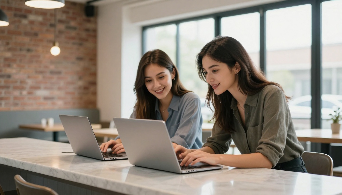Two women comparing AI chatbots on laptops at a modern cafe