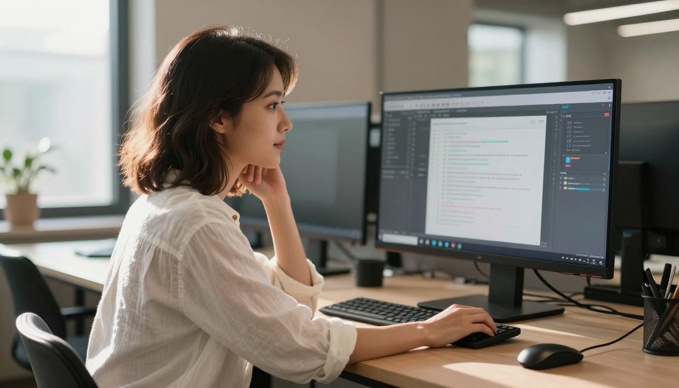 Woman testing AI on laptop in modern co-working space Woman testing AI on laptop in modern co-working space