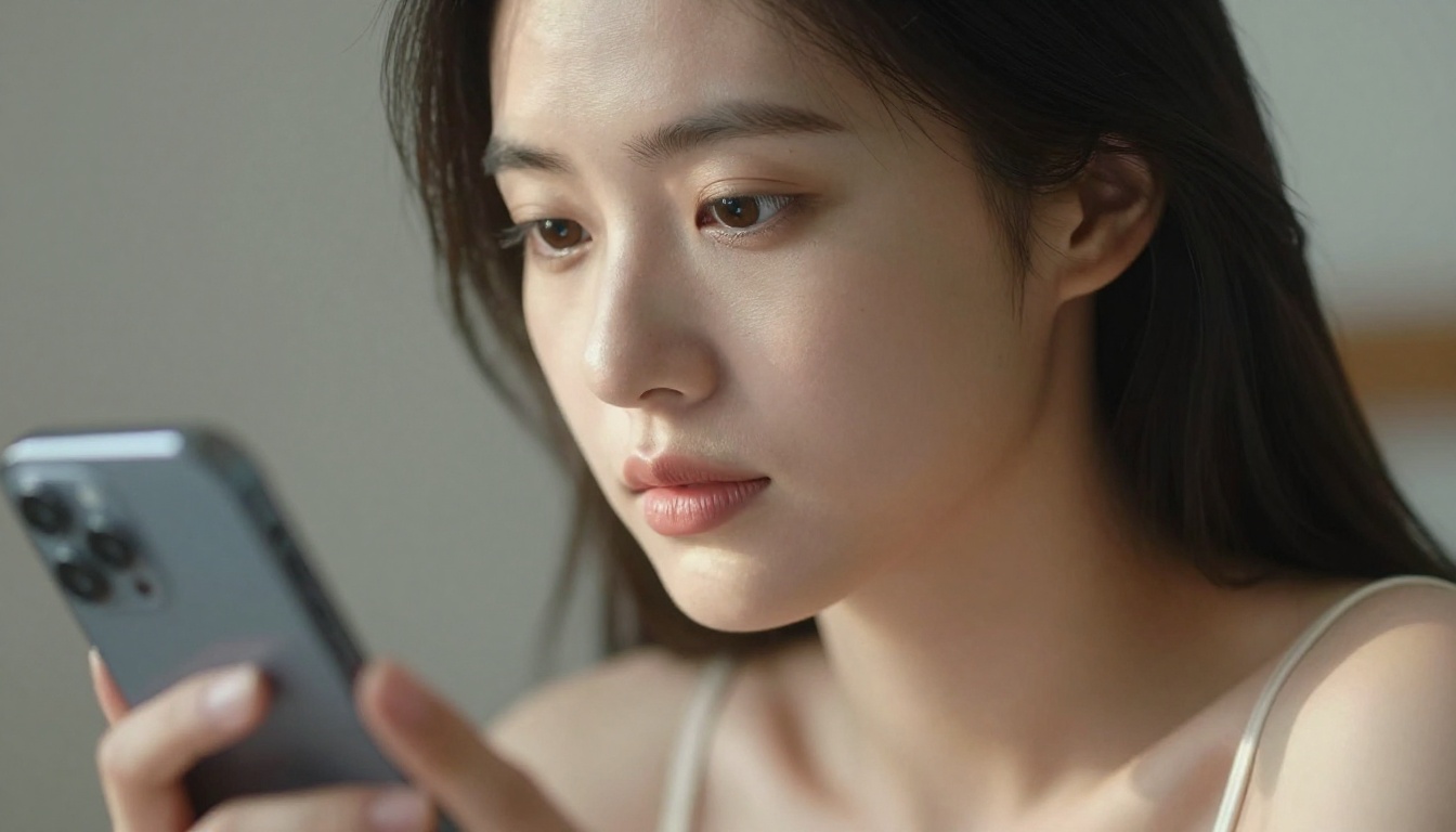 Close-up portrait of woman gazing at smartphone in soft morning light