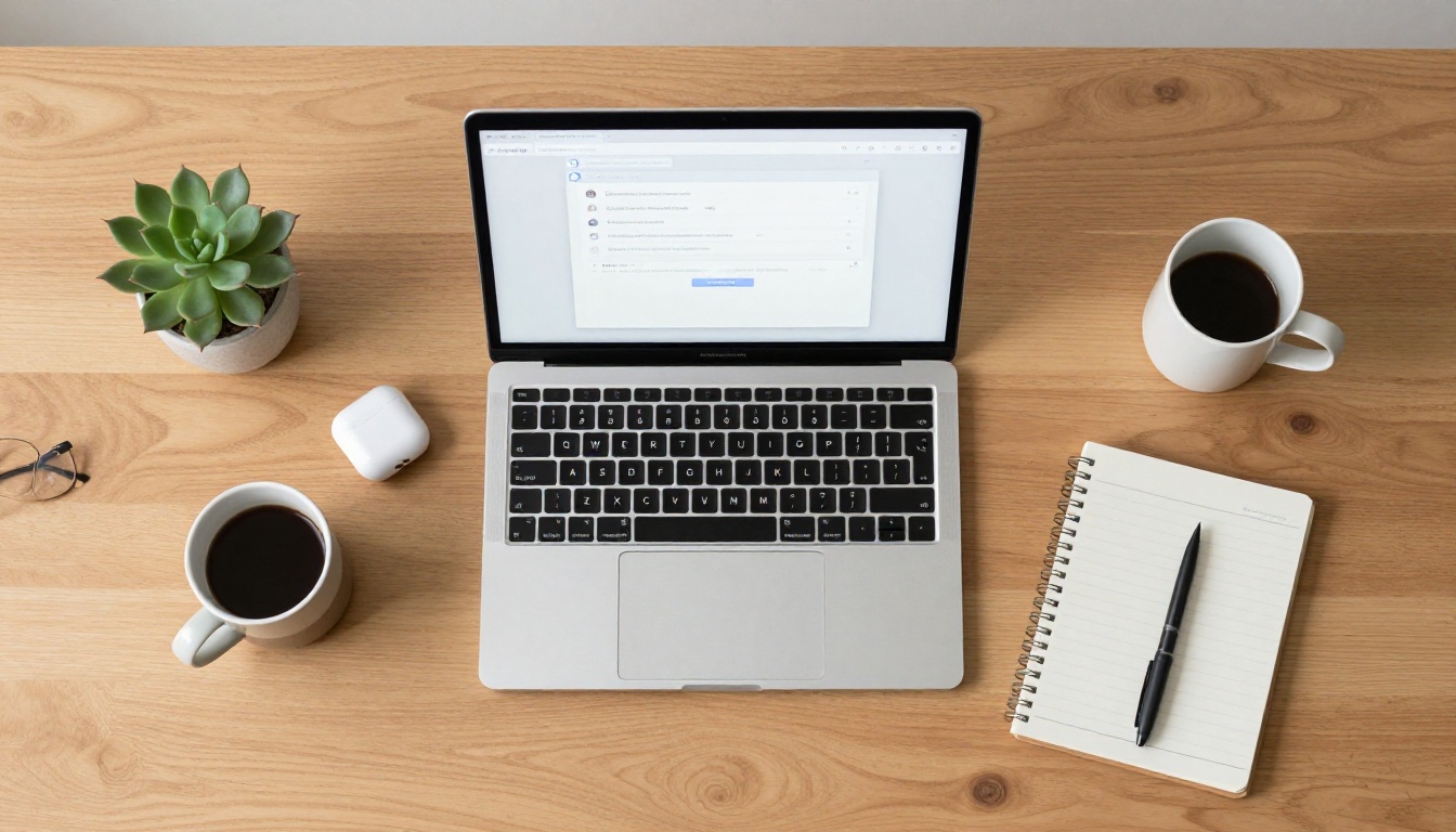 Overhead flat lay of modern workspace with laptop showing AI interface Overhead flat lay of modern workspace with laptop showing AI interface