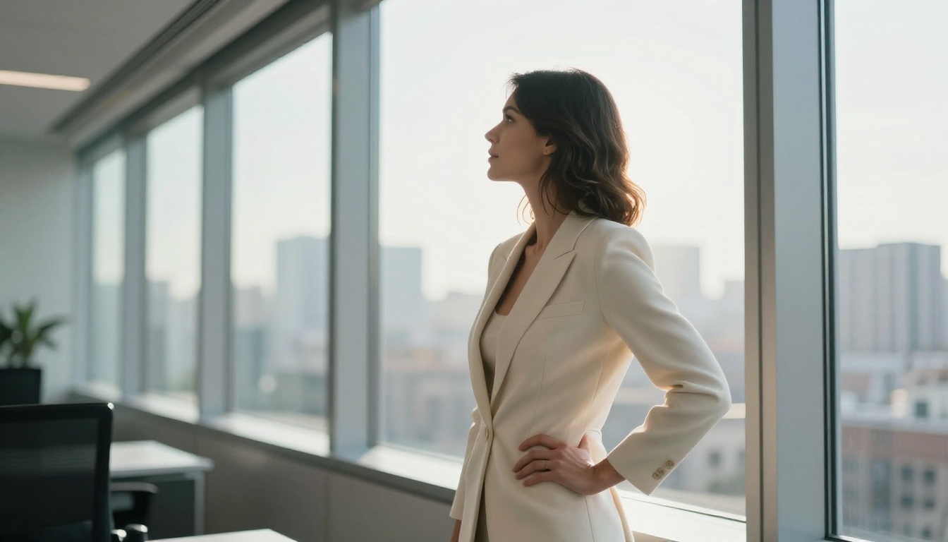 Confident woman at office window overlooking city, low angle shot