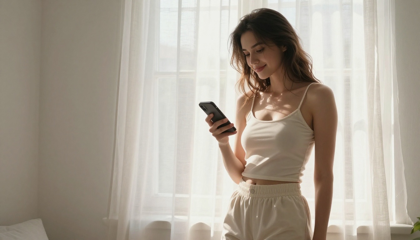 Beautiful woman standing near window in white bedroom using phone Beautiful woman standing near window in white bedroom using phone