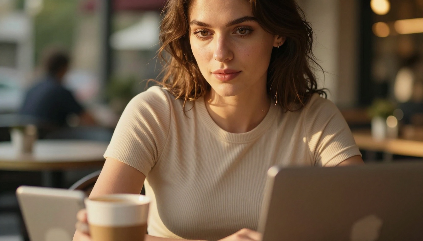 Attractive woman at outdoor cafe table in warm afternoon light