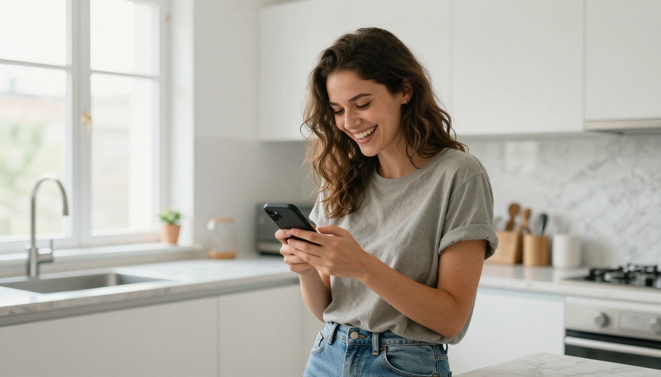 Woman laughing naturally while using phone in bright Scandinavian kitchen