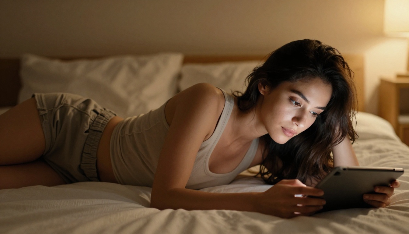 Woman lying on linen bed using tablet with warm lamp lighting