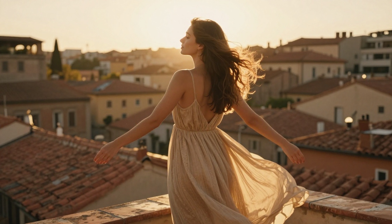 Woman on rooftop terrace overlooking European city with arms outstretched at golden hour